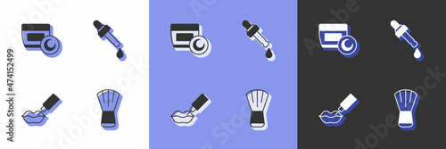 Set Makeup brush, Cream or lotion cosmetic tube, Lip augmentation and Pipette with oil icon. Vector