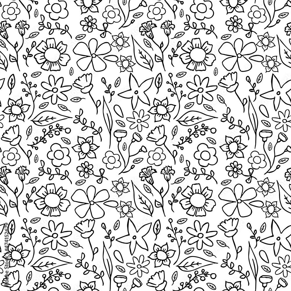 Seamless floral pattern. black and white background with flowers