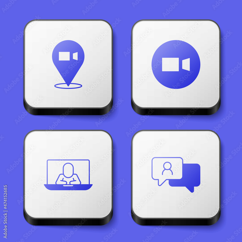 Set Video chat conference, and Speech bubble icon. White square button. Vector Set Video chat conference, and Speech bubble icon. White square button. Vector