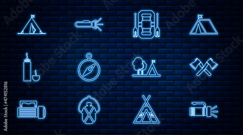 Set line Flashlight, Crossed wooden axe, Rafting boat, Compass, Thermos container, Tourist tent with flag, and icon. Vector