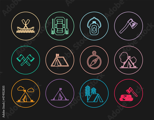 Set line Wooden axe and wood, Tourist tent with flag, Canteen water bottle, Crossed wooden, Rafting boat, Compass and icon. Vector
