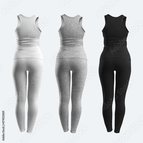 Mock up of white, heather, black t-shirt, leggings, sportswear 3D rendering, isolated on background, back view. Set