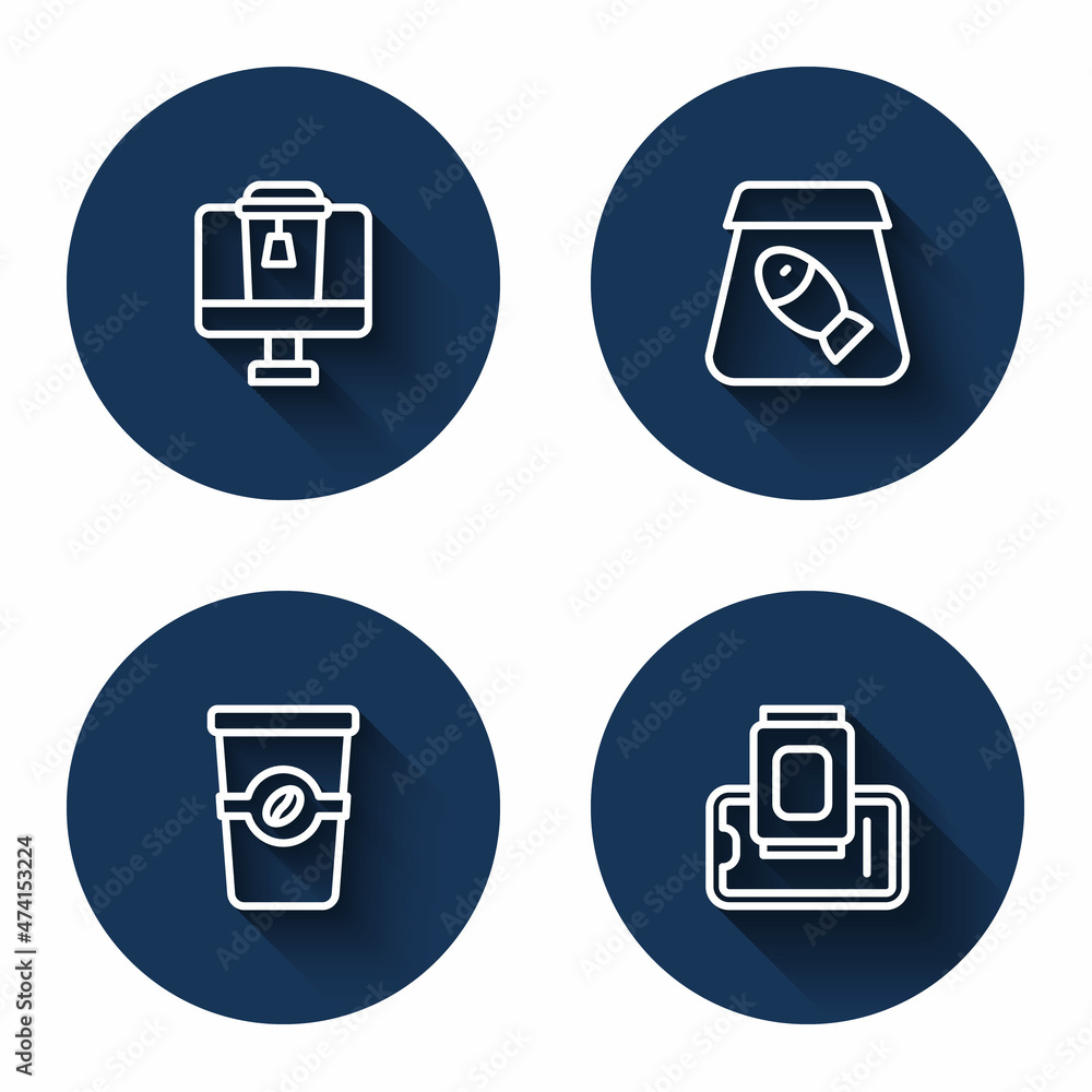 Set line Online ordering food, fish, Coffee cup to go and Food on mobile with long shadow. Blue circle button. Vector Set line Online ordering food, fish, Coffee cup to go and Food on mobile with long shadow. Blue circle button. Vector
