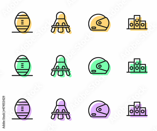 Set line Racing helmet  American Football ball  Badminton shuttlecock and Award over sports winner podium icon. Vector