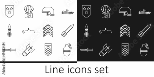 Set line Hand grenade, Rocket, Military helmet, Submarine, Nuclear rocket, Chevron, rank and Parachute with first aid kit icon. Vector