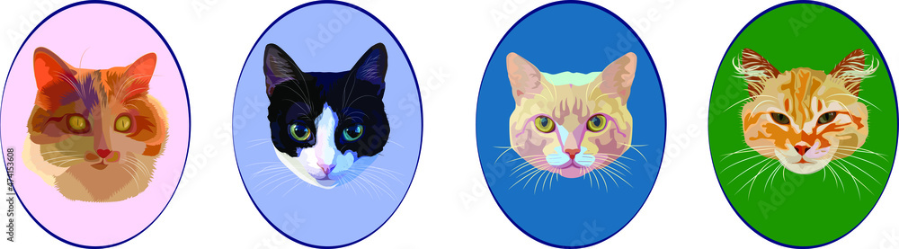 Vector collection of portraits of cats. Set of different breeds of domestic cats. For printing on fabric, paper and the like.