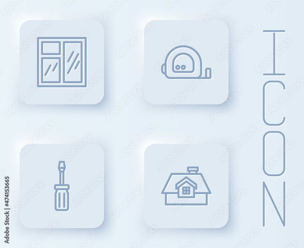 Set line Window in room, Roulette construction, Screwdriver and House. White square button. Vector Set line Window in room, Roulette construction, Screwdriver and House. White square button. Vector