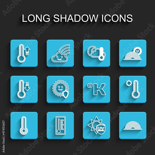 Set line Meteorology thermometer, UV protection, Rainbow, and Kelvin icon. Vector