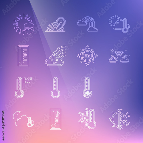 Set line Sun and snowflake, Rainbow with sun, clouds, Meteorology thermometer, UV protection and icon. Vector