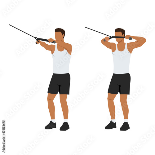Man doing cable face pull exercise. Flat vector illustration. Shoulder exercise