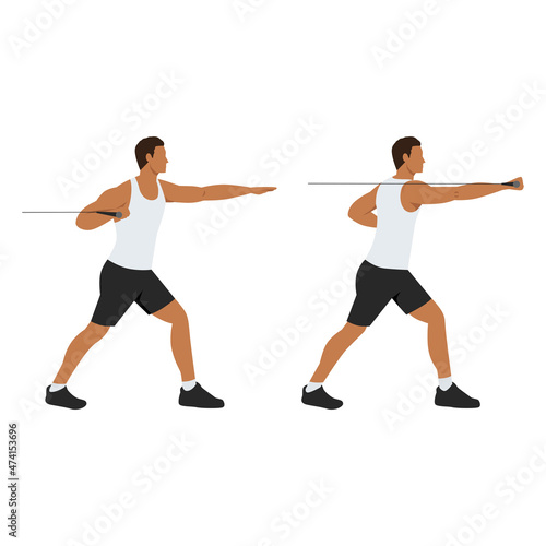 Man cable push chest exercise. Flat vector illustration isolated on white  background