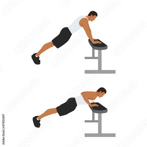 Chest Exercises. Incline Push Up. Flat Design Bodybuilder Character push up on a bench.