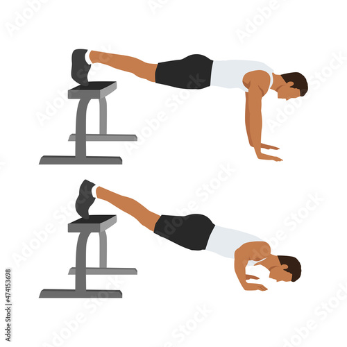 Sport man do the Decline push ups with Feet on bench for exercise. Illustration about Workout at home. Fitness at the gym.