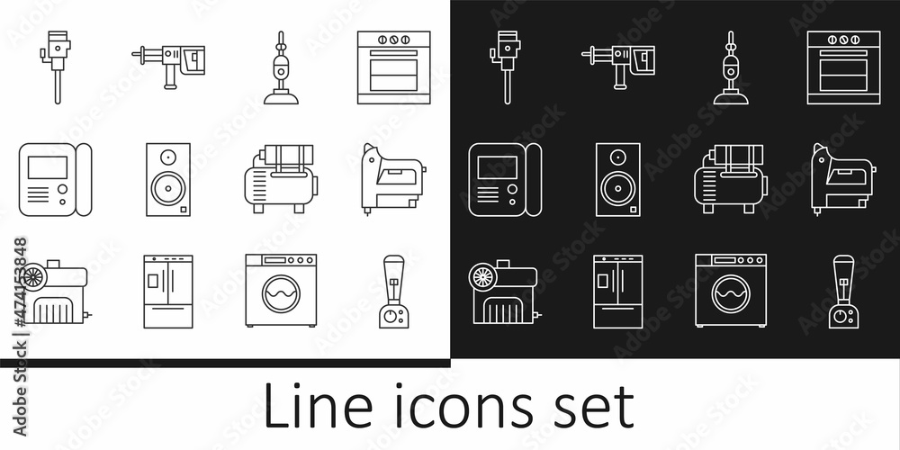 Set line Blender, Electric construction stapler, Vacuum cleaner, Stereo speaker, House intercom system, Construction jackhammer, Air compressor and Rotary drill machine icon. Vector Set line Blender, Electric construction stapler, Vacuum cleaner, Stereo speaker, House intercom system, Construction jackhammer, Air compressor and Rotary drill machine icon. Vector