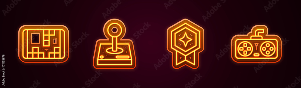 Set line Portable video game console, Joystick for arcade machine, Game rating with medal and controller joystick. Glowing neon icon. Vector Set line Portable video game console, Joystick for arcade machine, Game rating with medal and controller joystick. Glowing neon icon. Vector