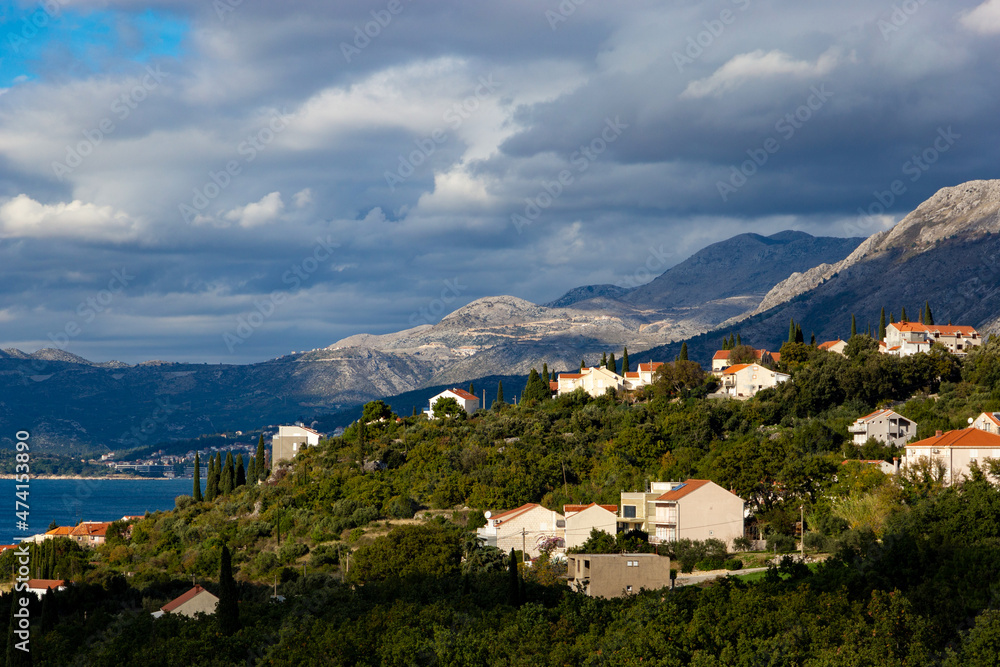 Fototapeta premium Mountains on the Adriatic coast. Settlements on the shore.