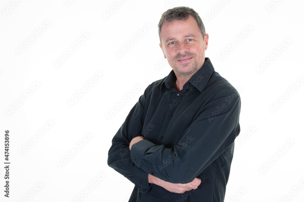 handsome middle aged man arms crossed on white background handsome middle aged man arms crossed on white background