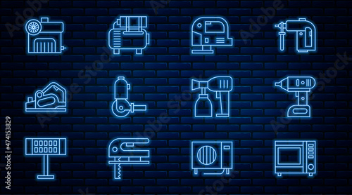 Set line Microwave oven, Electric cordless screwdriver, jigsaw, Angle grinder, planer tool, Air compressor, Paint spray gun and icon. Vector