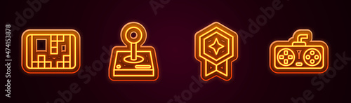 Set line Portable video game console, Joystick for arcade machine, Game rating with medal and controller joystick. Glowing neon icon. Vector