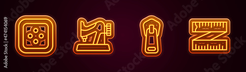 Set line Sewing button for clothes, machine, Zipper and Tape measure. Glowing neon icon. Vector