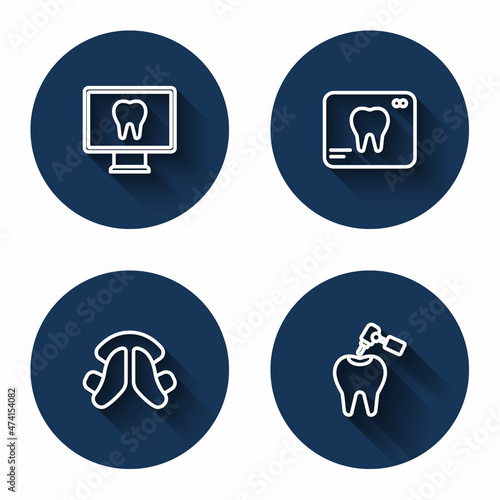Set line Online dental care, X-ray of tooth, Dental plate and Tooth with caries and drill with long shadow. Blue circle button. Vector