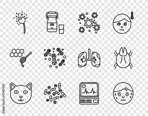 Set line Pet, Man with excessive sweating, Bacteria, Medicine pill or tablet, Flower producing pollen, Monitor cardiogram and Parasite mite icon. Vector