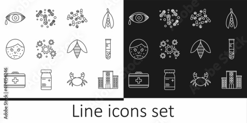 Set line Medical hospital building, Test tube and flask, Medicine pill or tablet, Bacteria, Face with psoriasis eczema, Reddish eye allergic conjunctivitis, Bee and icon. Vector