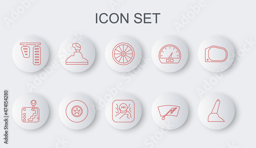 Set line Car handbrake, Gear shifter, wheel, Windscreen wiper, gas pedals, disk and icon. Vector