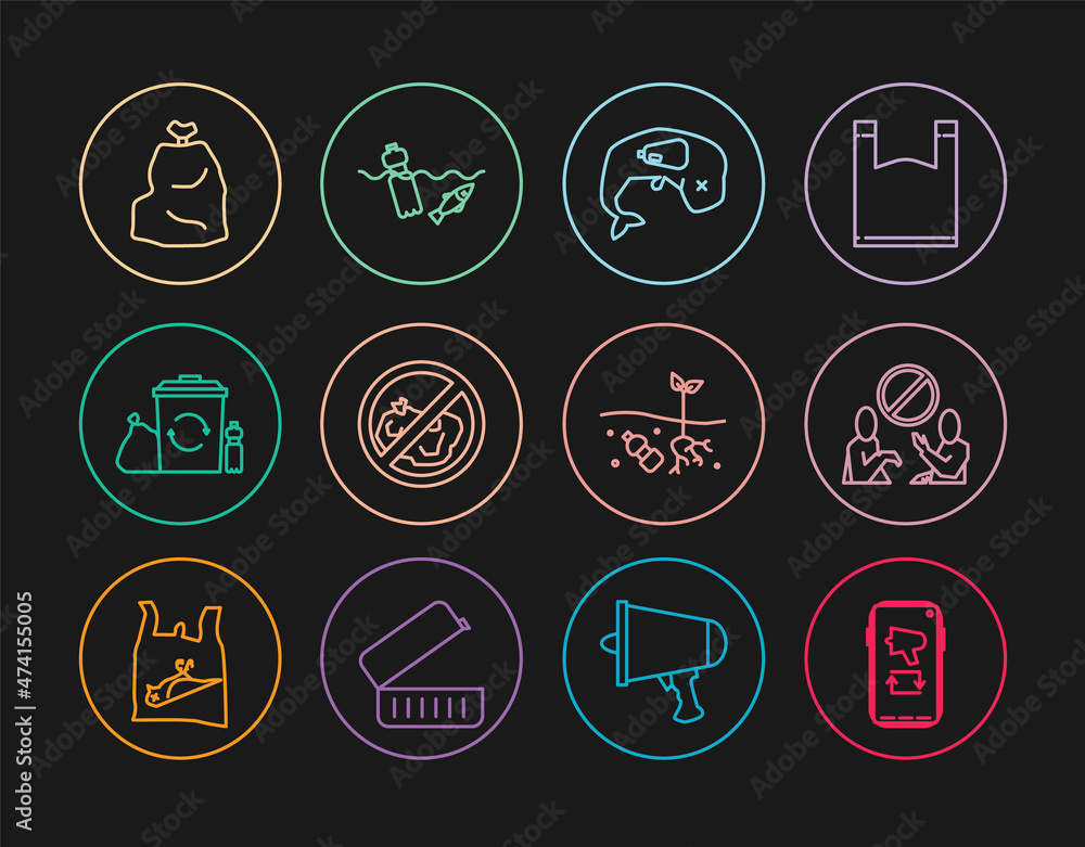 Set line Megaphone on mobile, Stop plastic pollution, Environment protection whale dead, No trash, Recycle bin with recycle, Garbage bag, Problem of planet and the ocean icon. Vector Set line Megaphone on mobile, Stop plastic pollution, Environment protection whale dead, No trash, Recycle bin with recycle, Garbage bag, Problem of planet and the ocean icon. Vector