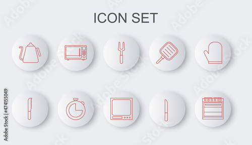 Set line Oven, Bread knife, Barbecue fork, Knife, Kettle with handle, Microwave oven, Kitchen timer and Electronic scales icon. Vector