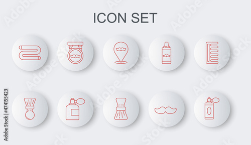 Set line Aftershave bottle with atomizer, Shaving brush, Barbershop, Mustache, Towel, and icon. Vector