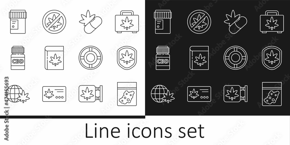 Set line Plastic bag of cannabis, Shield and marijuana leaf, Medical pills with, Book or, bottle, Ashtray and Stop icon. Vector