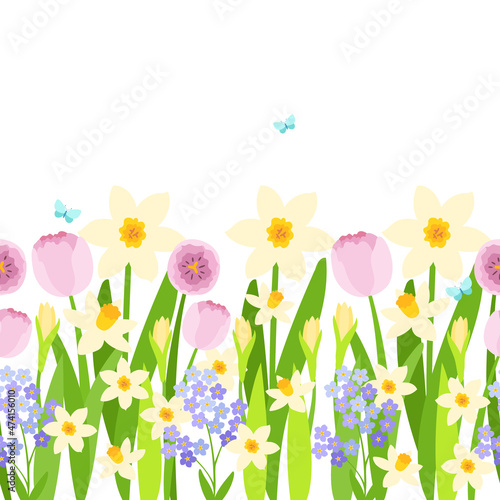 Vector horizontal seamless border with daffodils, tulips and forget-me-nots. Floral border pattern. Suitable for postcards, banners, invitations, weddings.