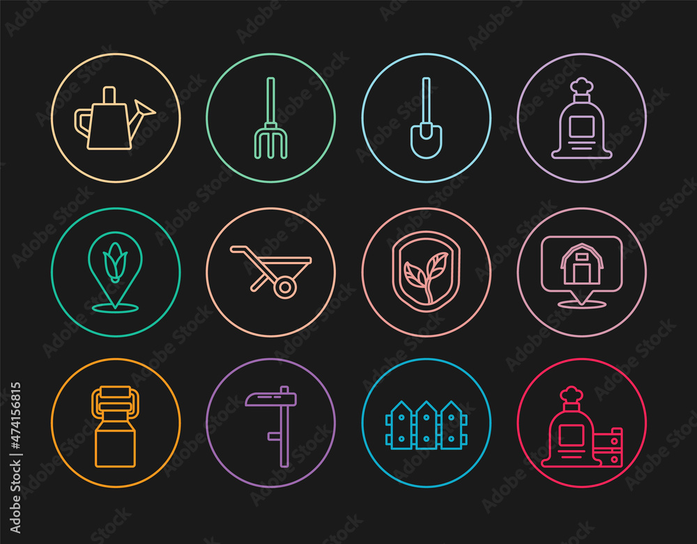 Set line Full sack and wooden box, Location farm house, Shovel, Wheelbarrow, corn, Watering can, Shield with leaf and Garden pitchfork icon. Vector Set line Full sack and wooden box, Location farm house, Shovel, Wheelbarrow, corn, Watering can, Shield with leaf and Garden pitchfork icon. Vector