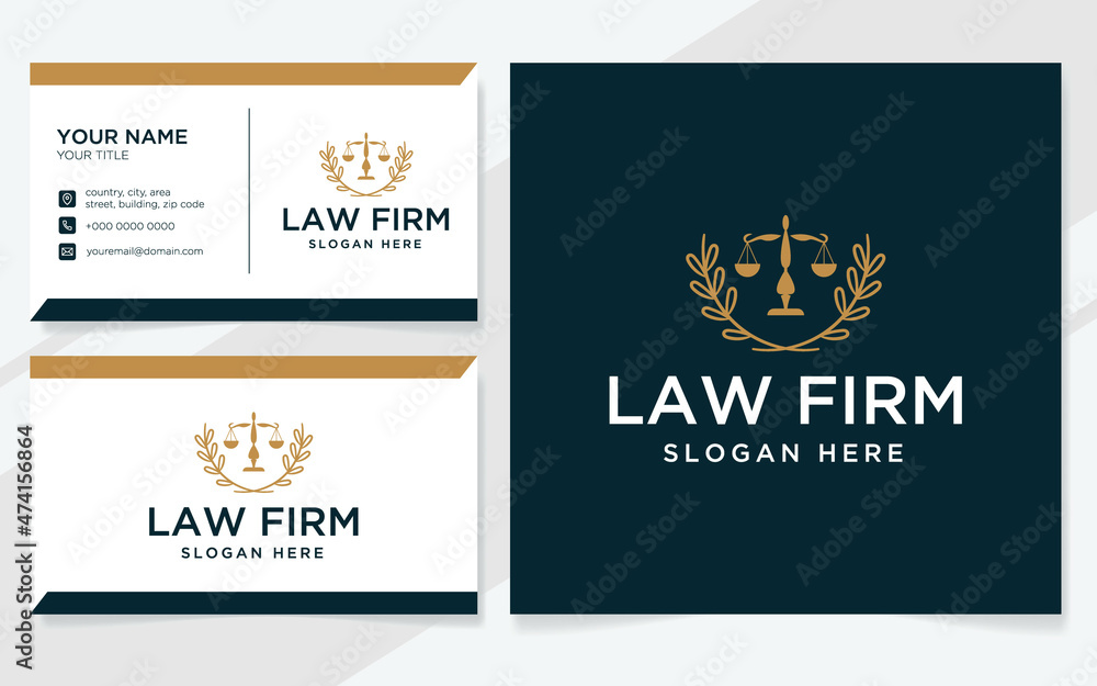 Law firm logo suitable for lawyer, court or law office with business card template