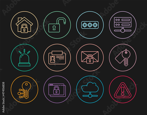 Set line Exclamation mark in triangle, Marked key, Password protection, Identification badge, Motion sensor, House under, Mail message lock password and Open padlock icon. Vector