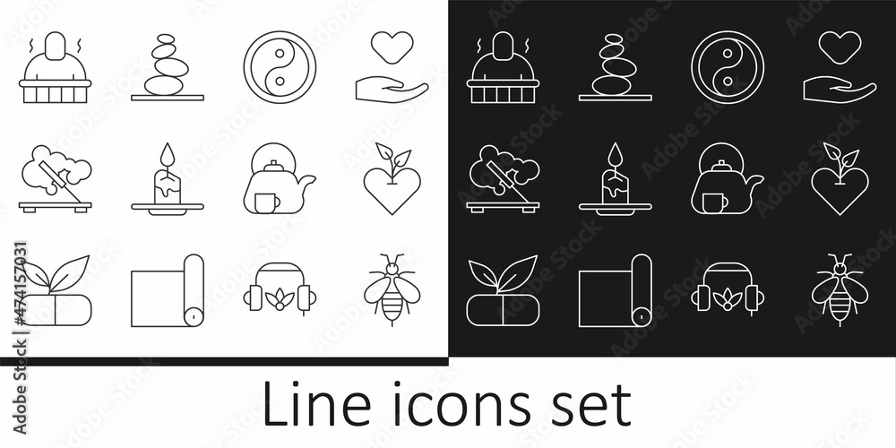 Set line Bee, Heart, Yin Yang, Aroma candle, Scented spa stick, Sauna procedures, Teapot with cup and Stack hot stones icon. Vector