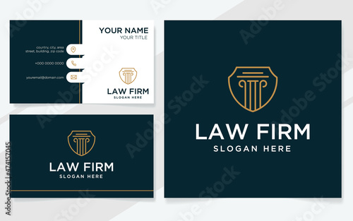 Law firm logo and shield suitable for lawyer, court or law office with business card template
