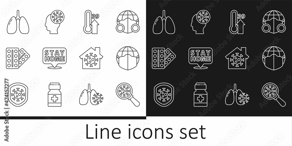 Set line Virus under magnifying glass, Earth with medical mask, High human body temperature, Stay home, Pills blister pack, Lungs, and Human and virus icon. Vector