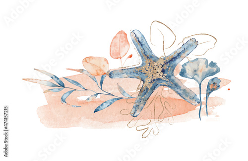 Watercolor underwater floral bouquet with corals and starfish, hand drawn marine illustration