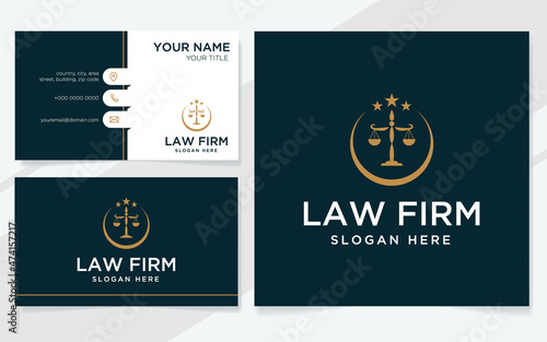 Law firm logo suitable for lawyer, court or law office with business card template
