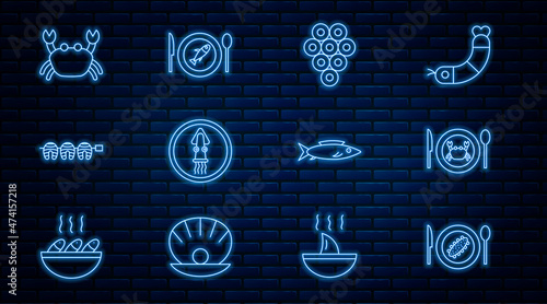 Set line Served cucumber on a plate, crab, Caviar, Octopus, Grilled fish steak, Crab, Fish and icon. Vector