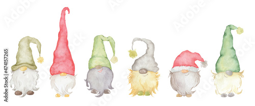 Watercolor illustration of cute christmas gnomes in red hats isolated on the white background