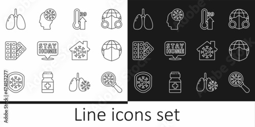 Set line Virus under magnifying glass, Earth with medical mask, High human body temperature, Stay home, Pills blister pack, Lungs, and Human and virus icon. Vector