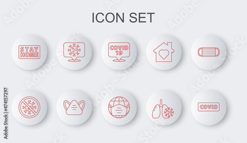 Set line Corona virus covid-19, Stop, location, Virus cells in lung, Stay home, Medical protective mask and Earth with medical icon. Vector