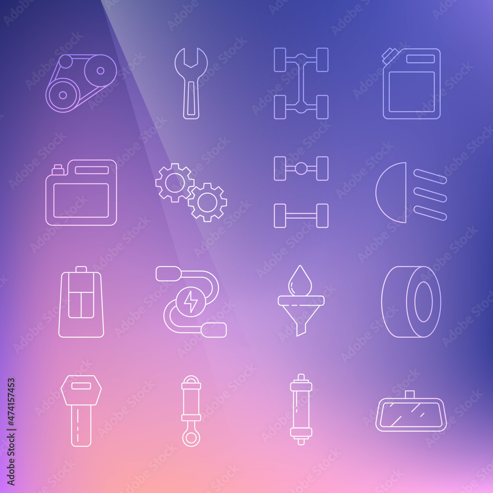 Set line Car mirror, tire, High beam, Chassis car, Gear, Canister for motor oil, Timing belt kit and icon. Vector Set line Car mirror, tire, High beam, Chassis car, Gear, Canister for motor oil, Timing belt kit and icon. Vector