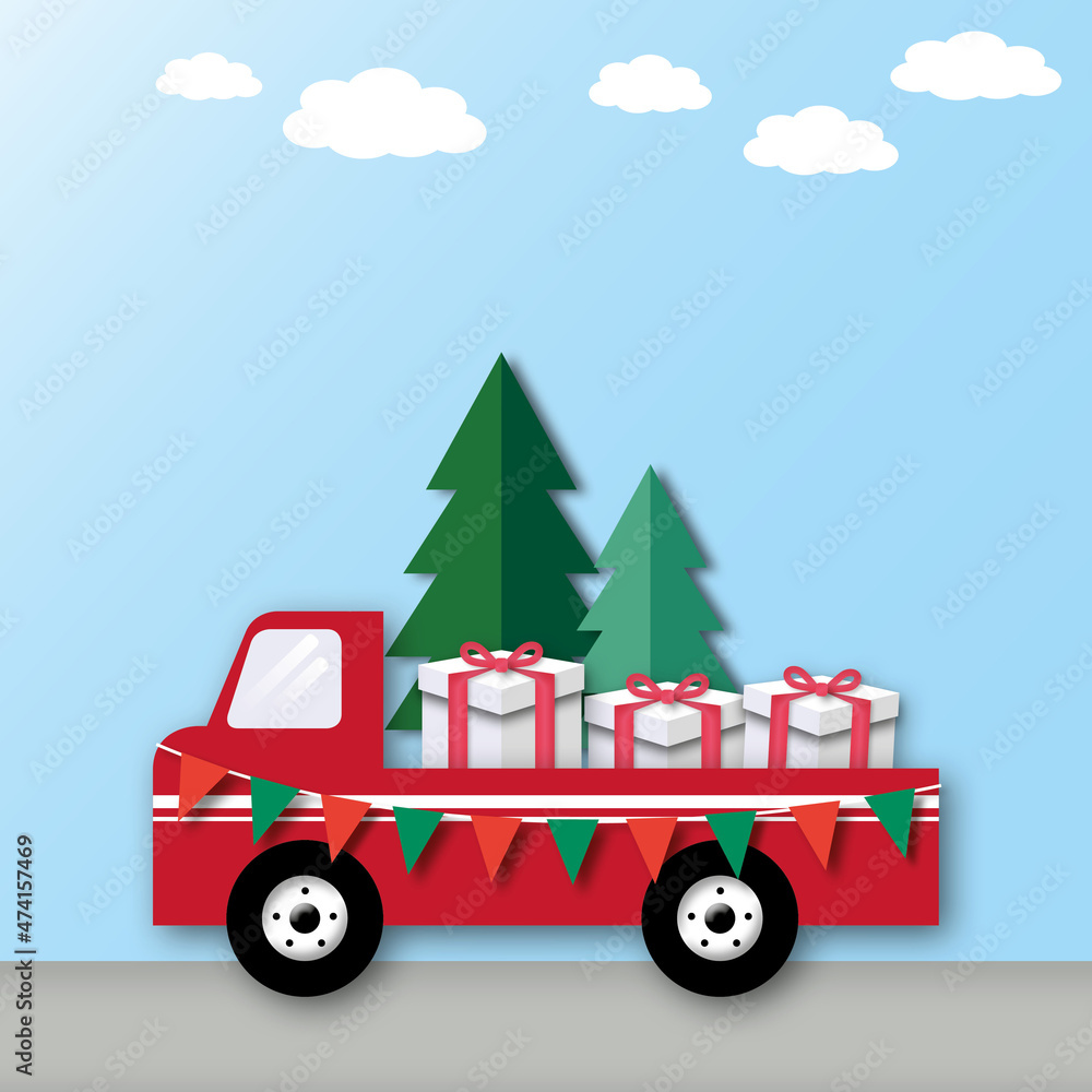 Truck with many gift, Christmas tree, flag, and cloud on pastel blue background. Merry Christmas and Happy New Year concept. Festive winter holiday background. copy space. paper art style. Truck with many gift, Christmas tree, flag, and cloud on pastel blue background. Merry Christmas and Happy New Year concept. Festive winter holiday background. copy space. paper art style.