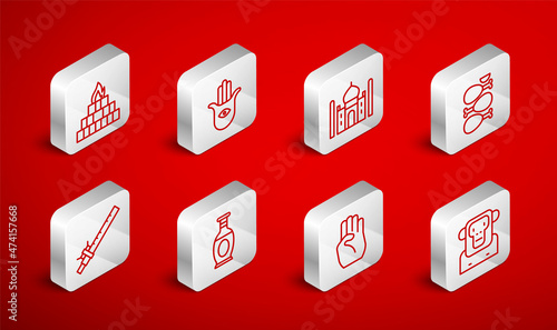 Set line Monkey, Hamsa hand, Taj Mahal, Tandoori chicken, Indian symbol, Yagna, vase and Bamboo flute indian icon. Vector