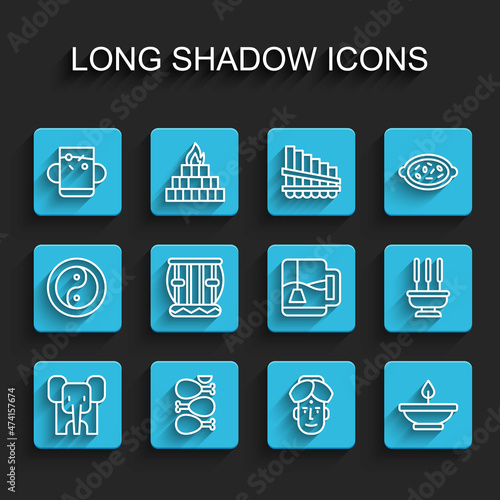 Set line Elephant, Tandoori chicken, Cup of tea leaf, Indian man, Aroma lamp, Instrument tabla, Incense sticks and with bag icon. Vector