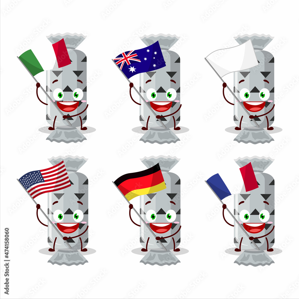 White long candy package cartoon character bring the flags of various countries White long candy package cartoon character bring the flags of various countries